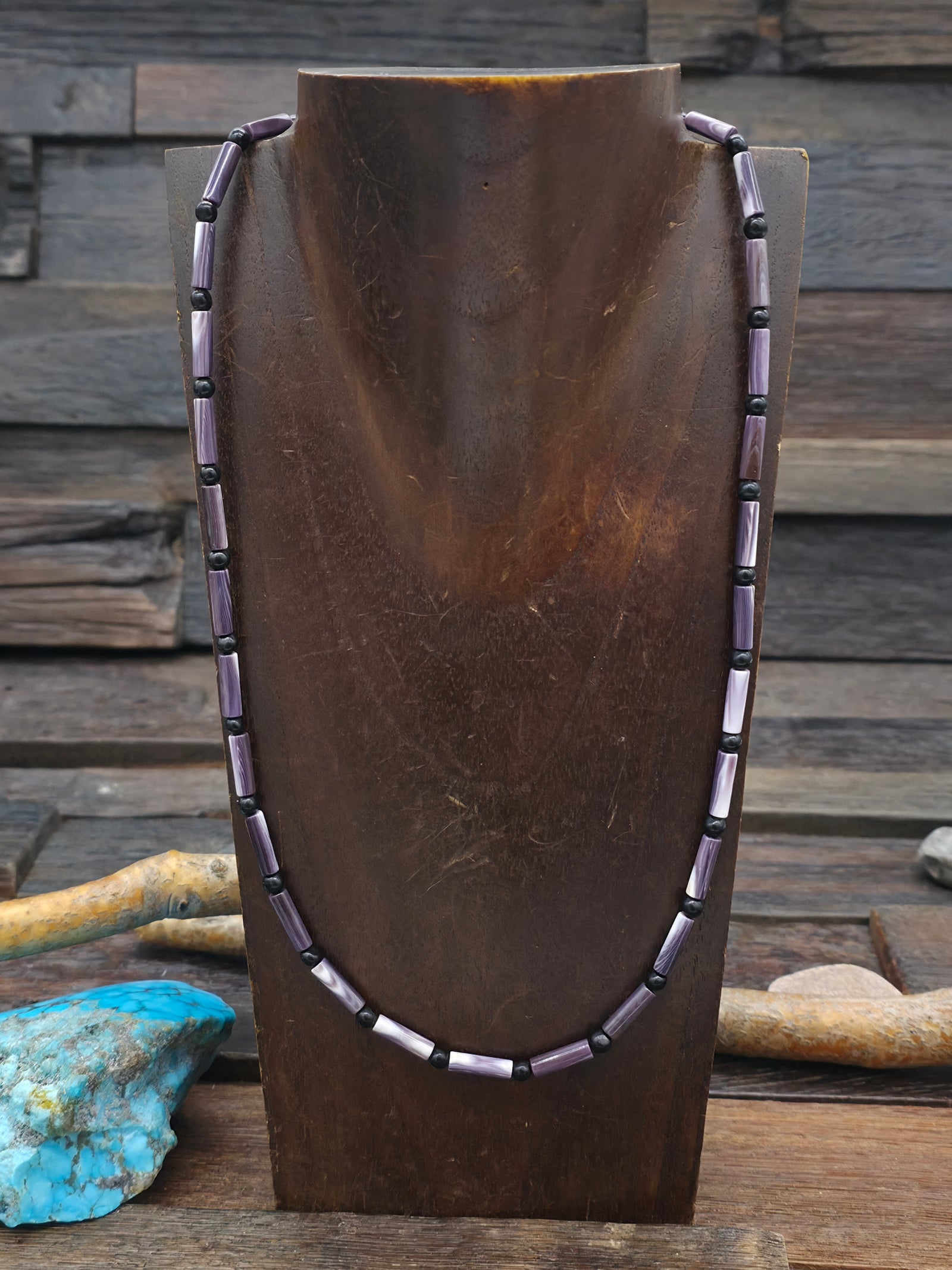 Wampum Shell, Onyx and Sterling Silver Beaded Necklace by Fred Archuleta - 22 in.