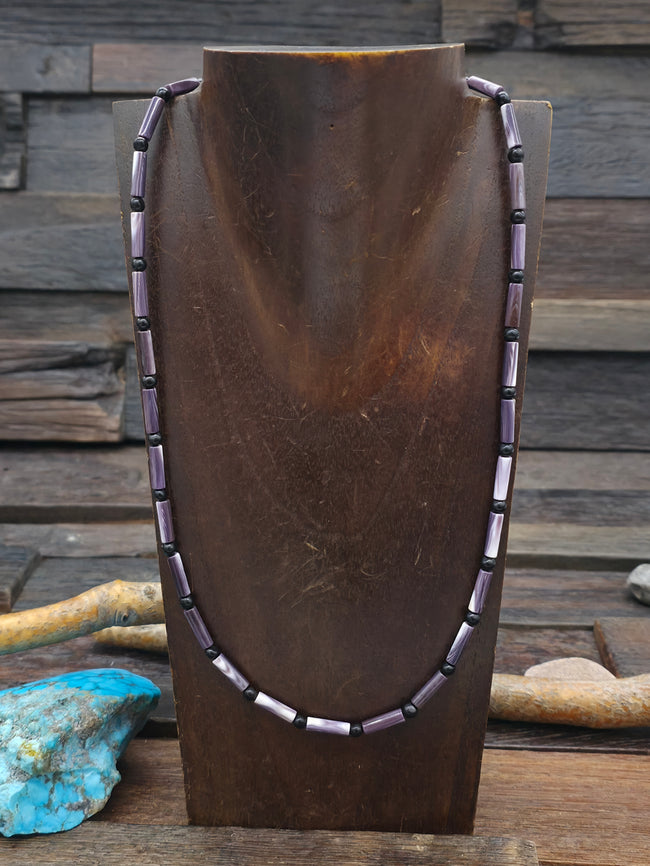 Wampum Shell, Onyx and Sterling Silver Beaded Necklace by Fred Archuleta - 22 in.