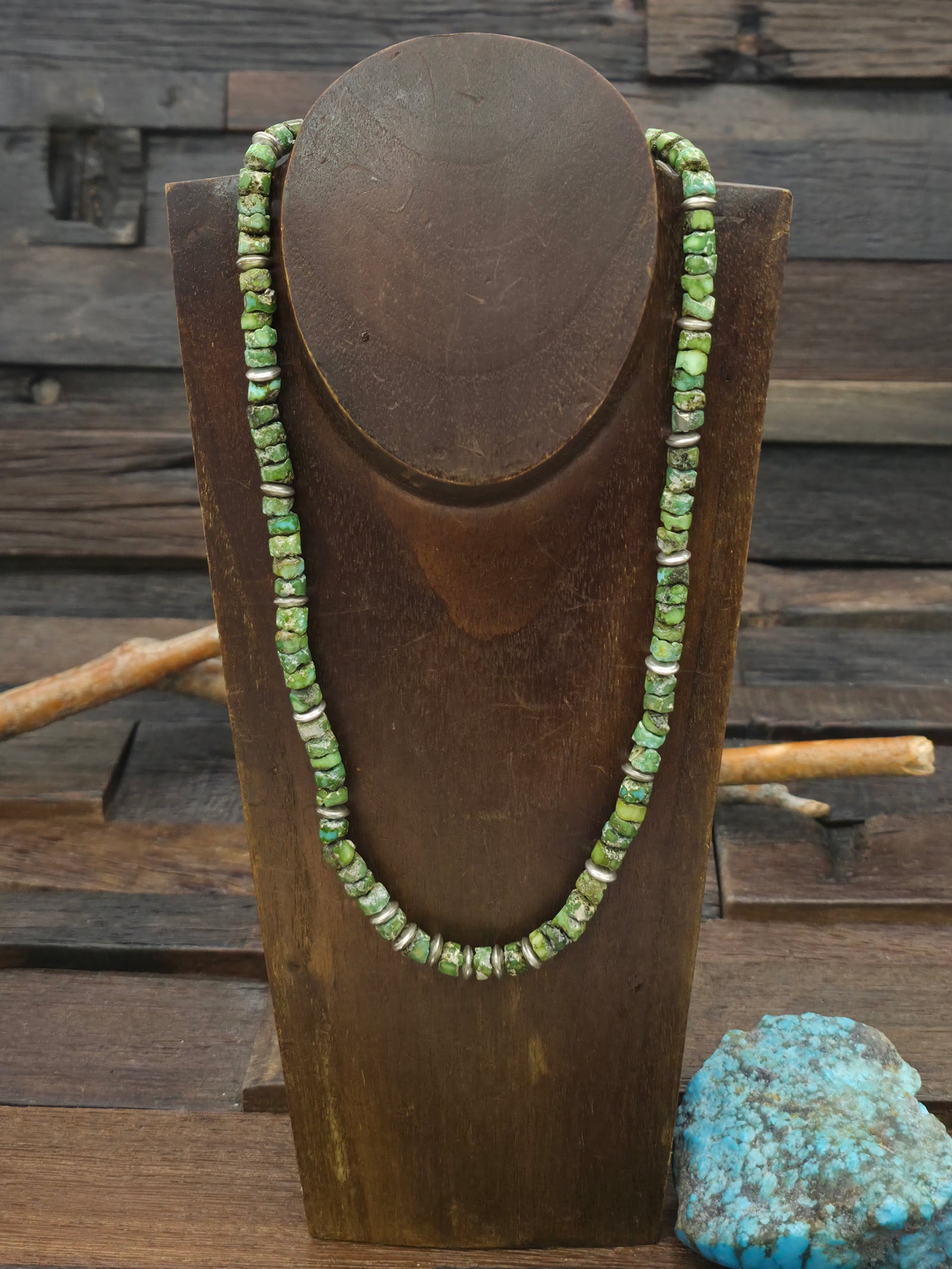 Sonoran Turquoise and Sterling Silver Bead Necklace by Fred Archuleta - 20 in.
