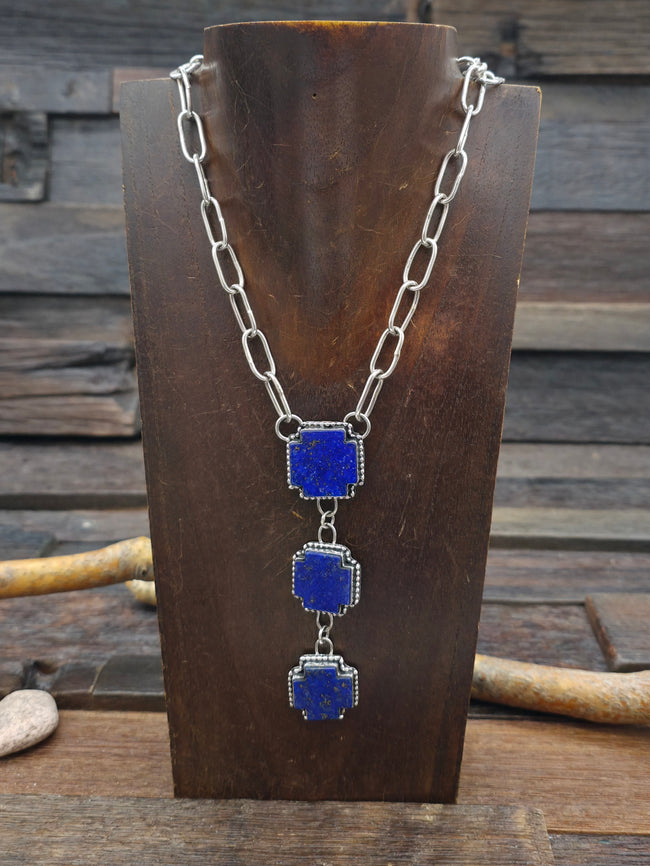Lapis Lazuli Sterling Silver Santa Fe Cross Lariat Necklace by Rosella Paxton - 18 in. w/3 in. Drop