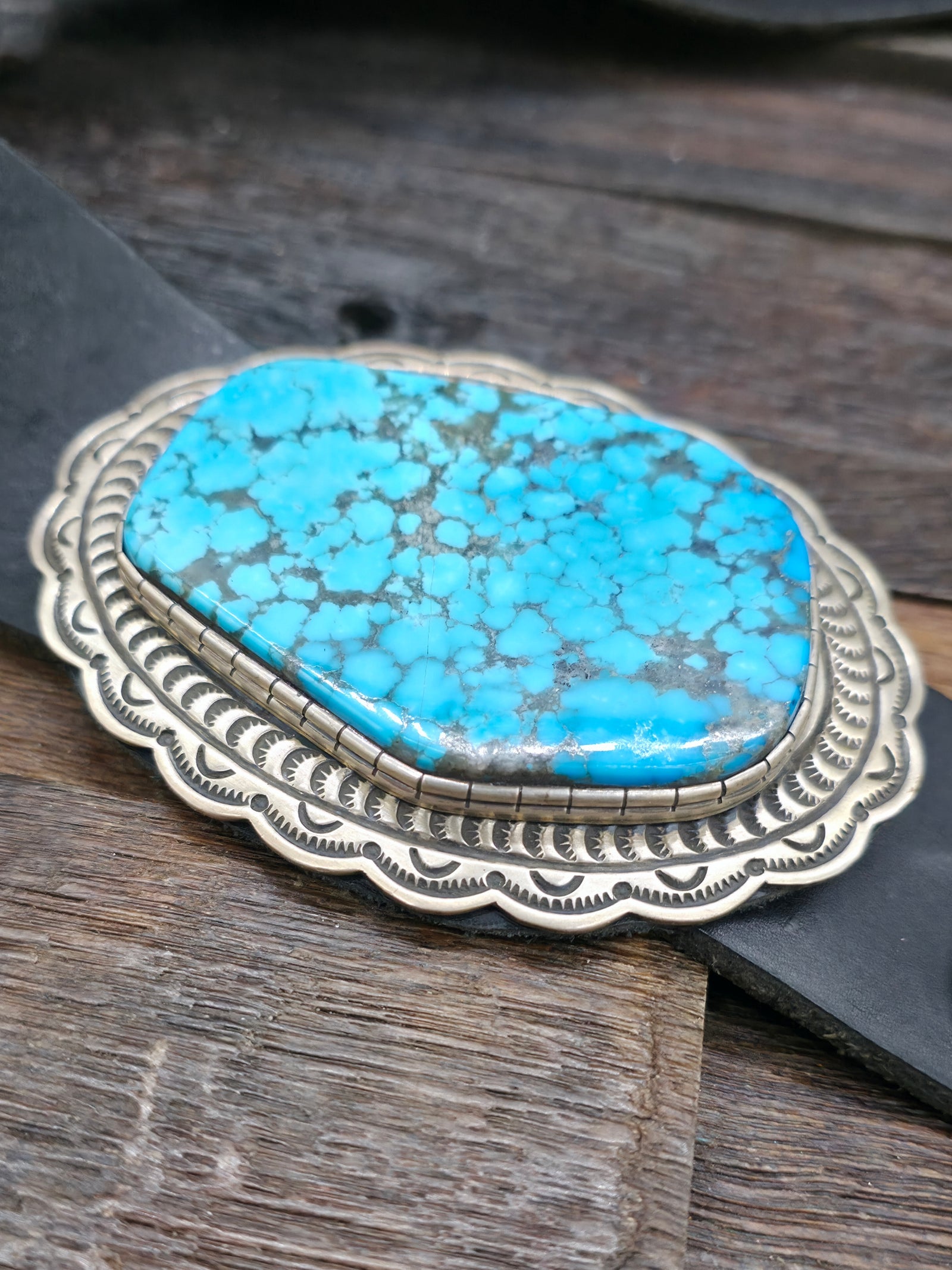 Stamped Sterling Silver Kingman Turquoise Concho Belt by Delbert Delgarito - 60 in.