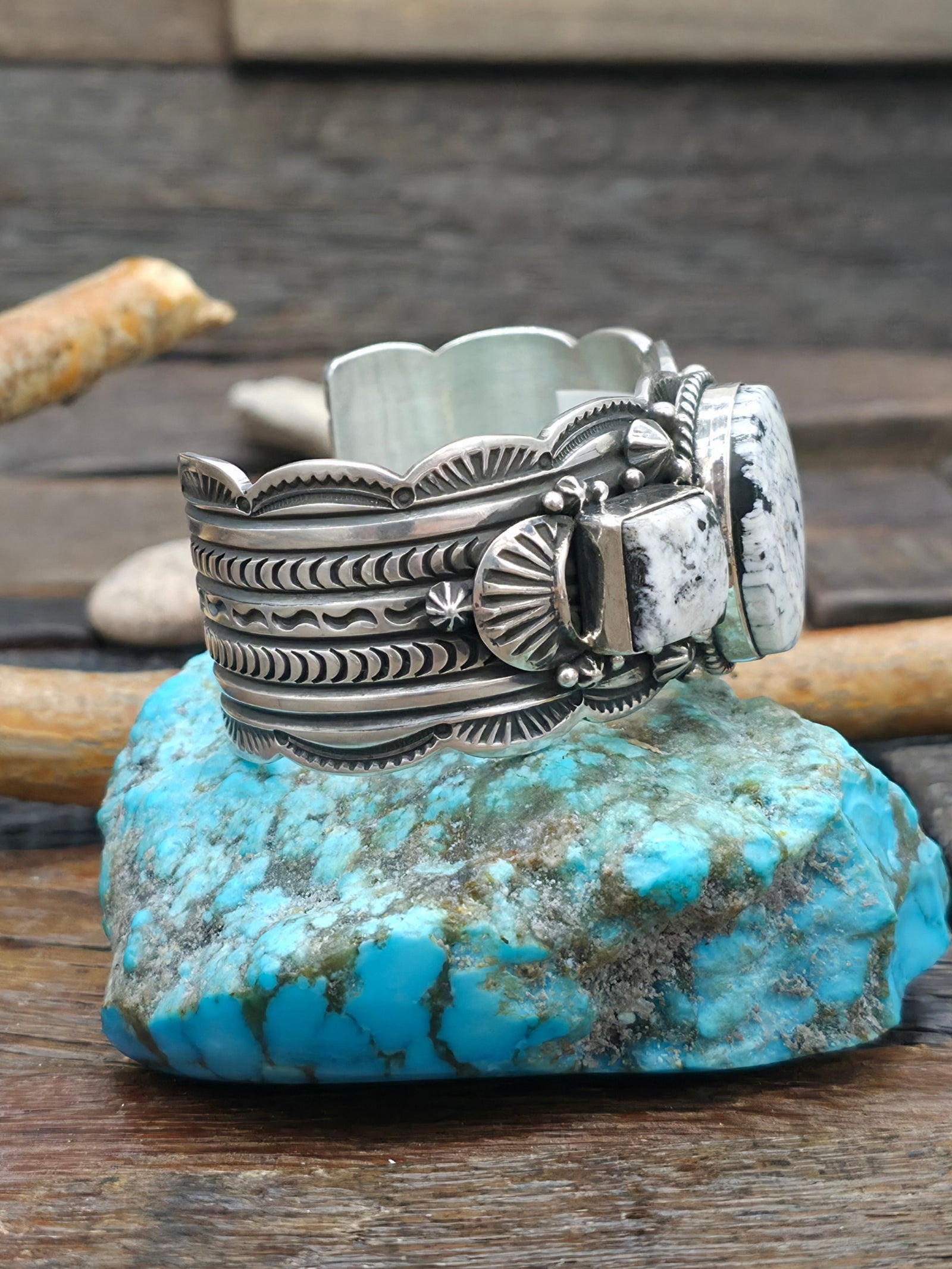 Three Stone Sterling Silver White Buffalo Cuff Bracelet by Happy Piasso - 6 1/2 in. with Gap