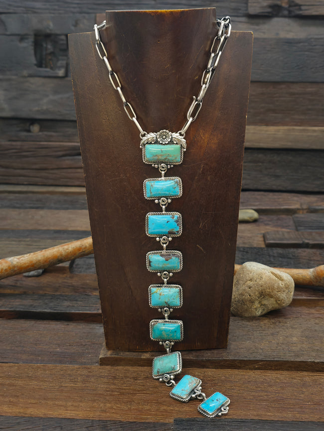 Nine Stone Turquoise Sterling Silver Lariat Necklace by Brenda Jimenez - 22 in.