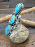 Three Stone Kingman Turquoise Stamped Sterling Silver Ring by Brenda Pete - Adjustable