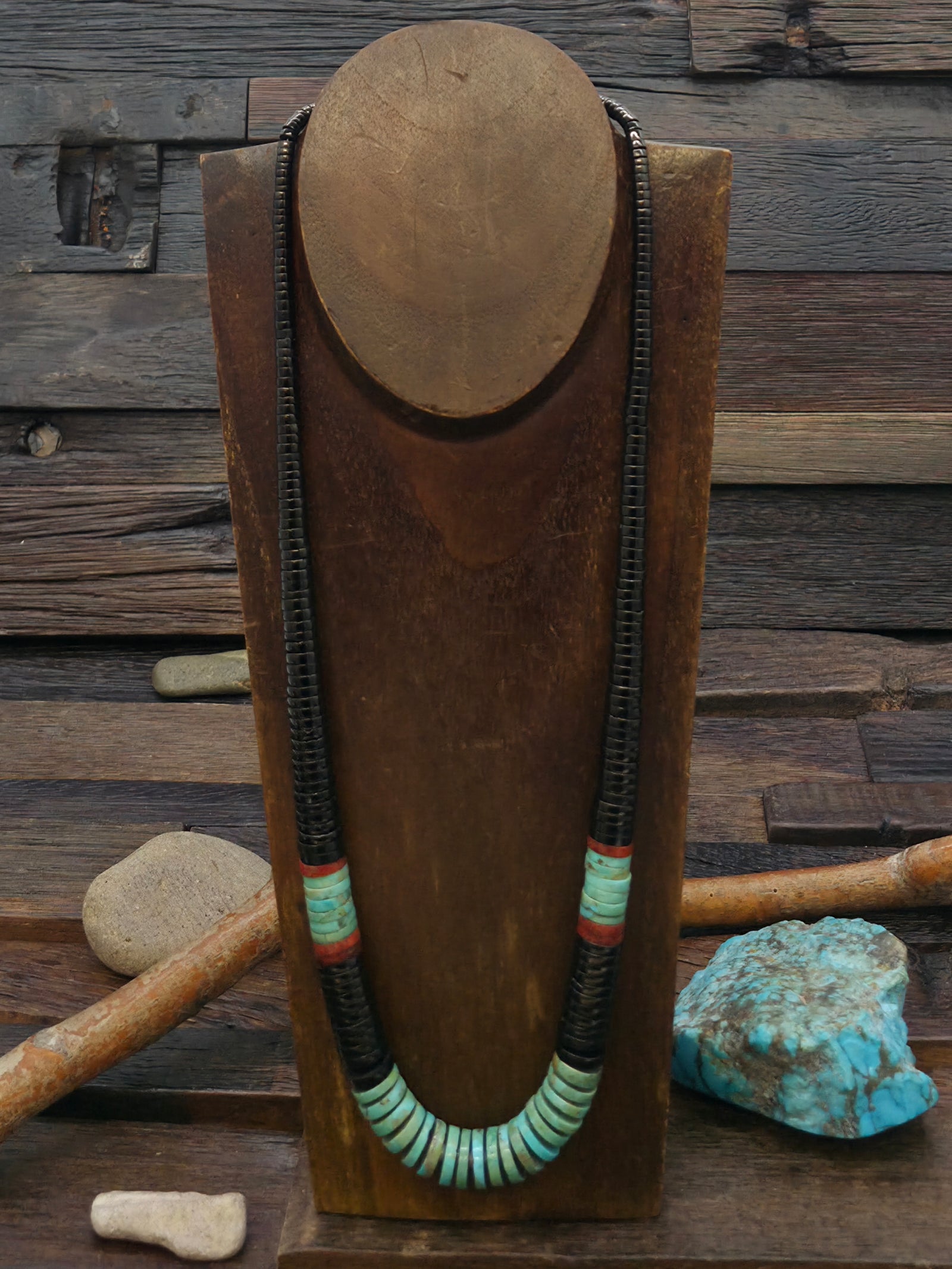 Color Block Graduated Turquoise, Pipestone, and Jet Heishi Necklace by Rudy Coriz - 25 in.