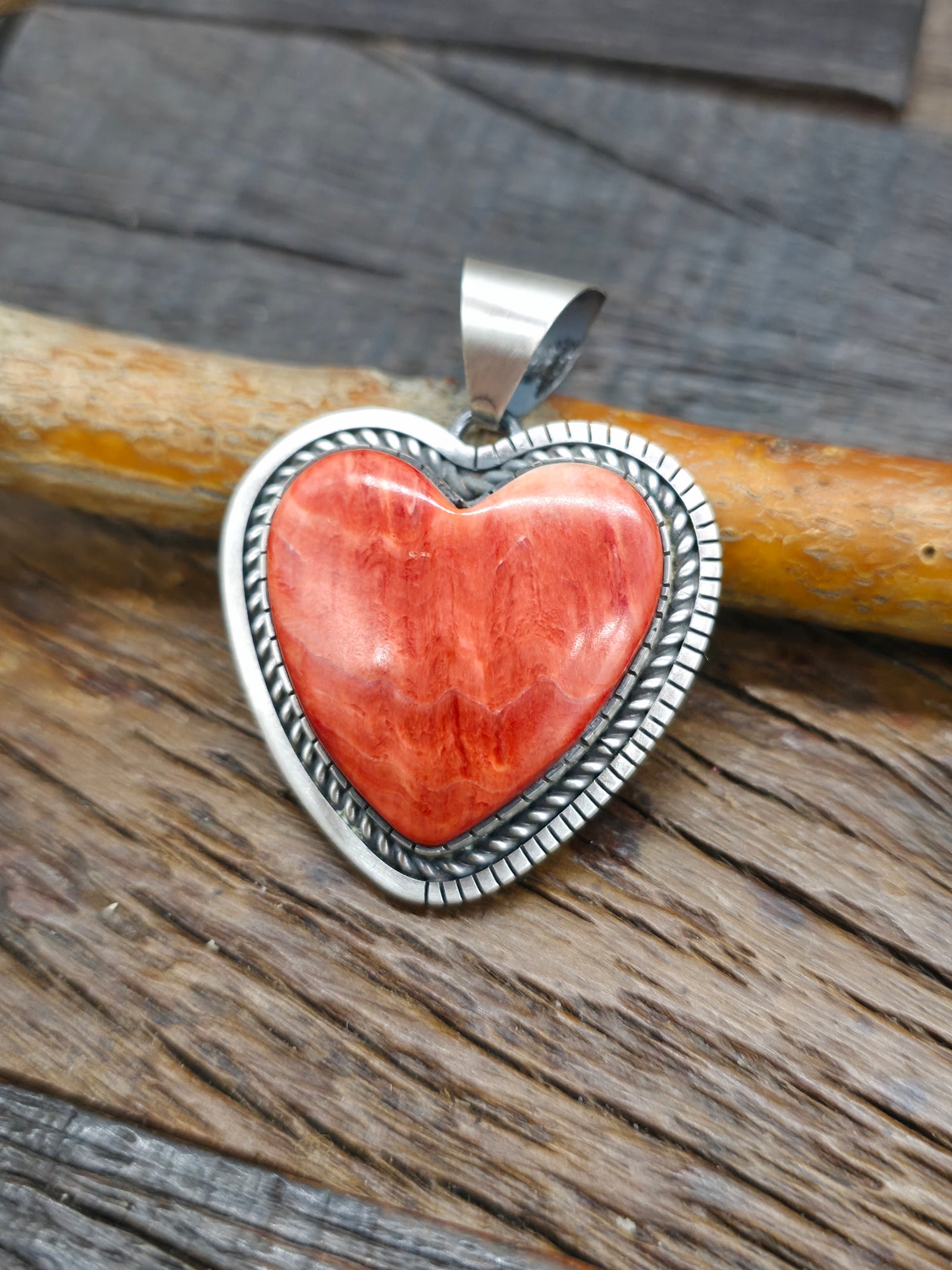 Orange Spiny Oyster Sterling Silver Heart Pendant by Walter Vandever - 2 1/4 in. by 1 1/2 in.