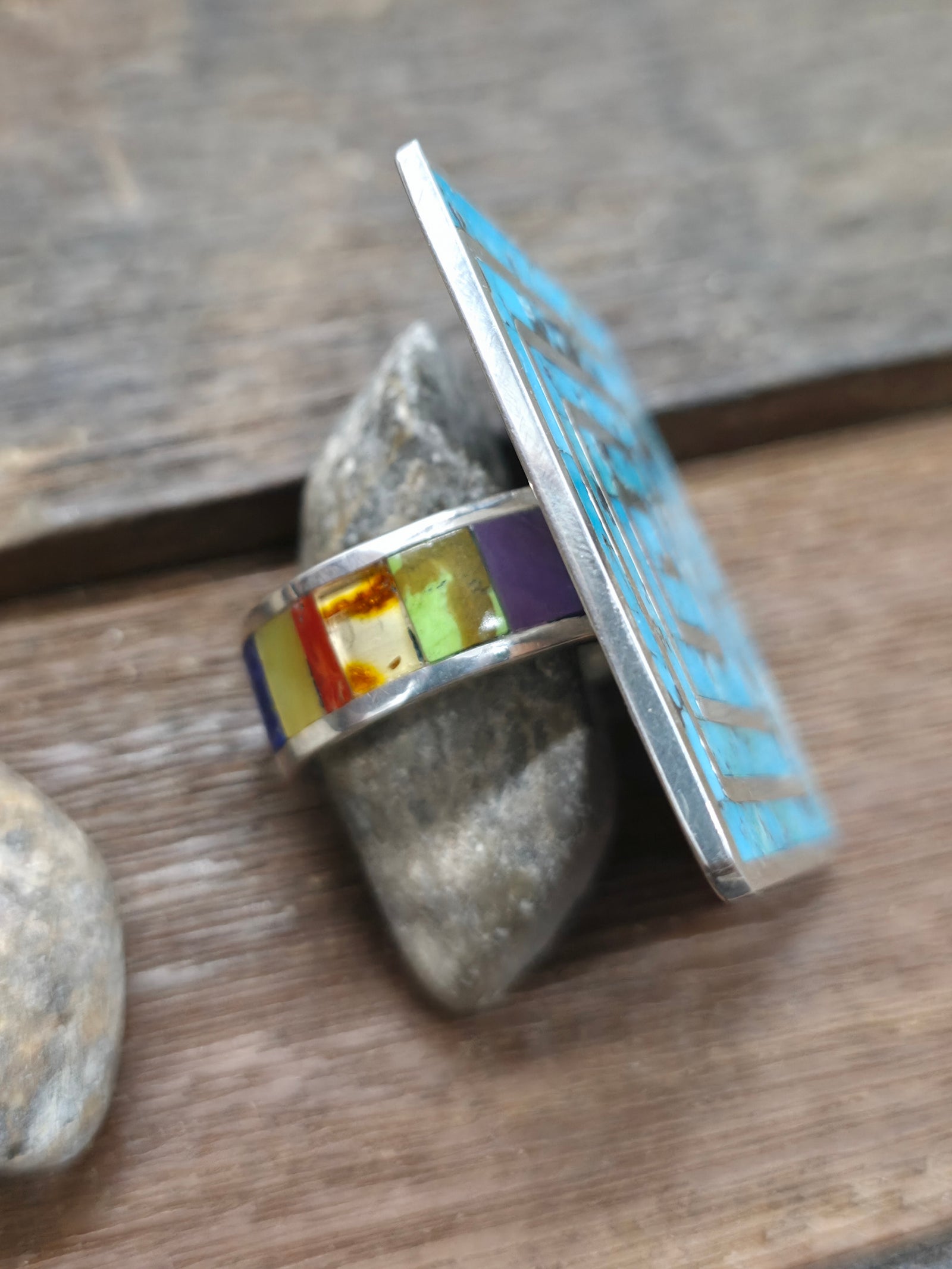 Large Sterling Silver Turquoise Inlay Spiral Ring with Multistone Band by Elliot Coonsis - Size 13