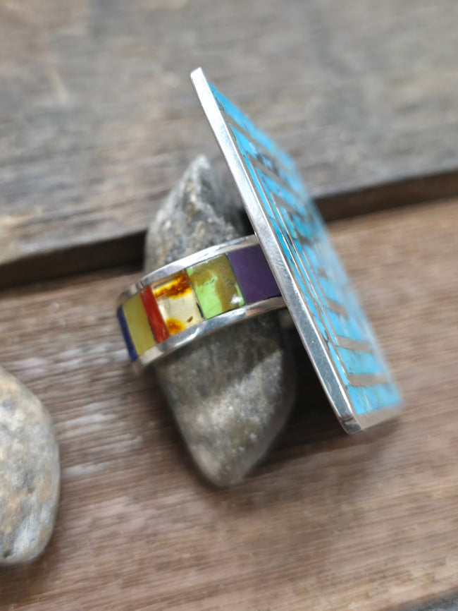 Large Sterling Silver Turquoise Inlay Spiral Ring with Multistone Band by Elliot Coonsis - Size 13