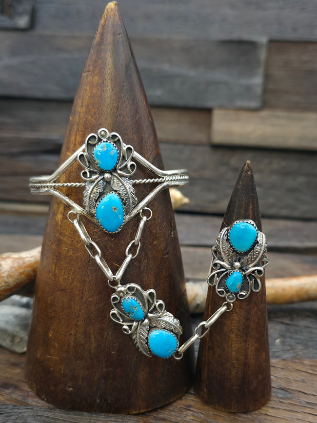 Sterling Silver Turquoise Cuff and Attached Ring Set by Harry Yazzie - Cuff 6 3/4 in. w/gap, Ring Size 9