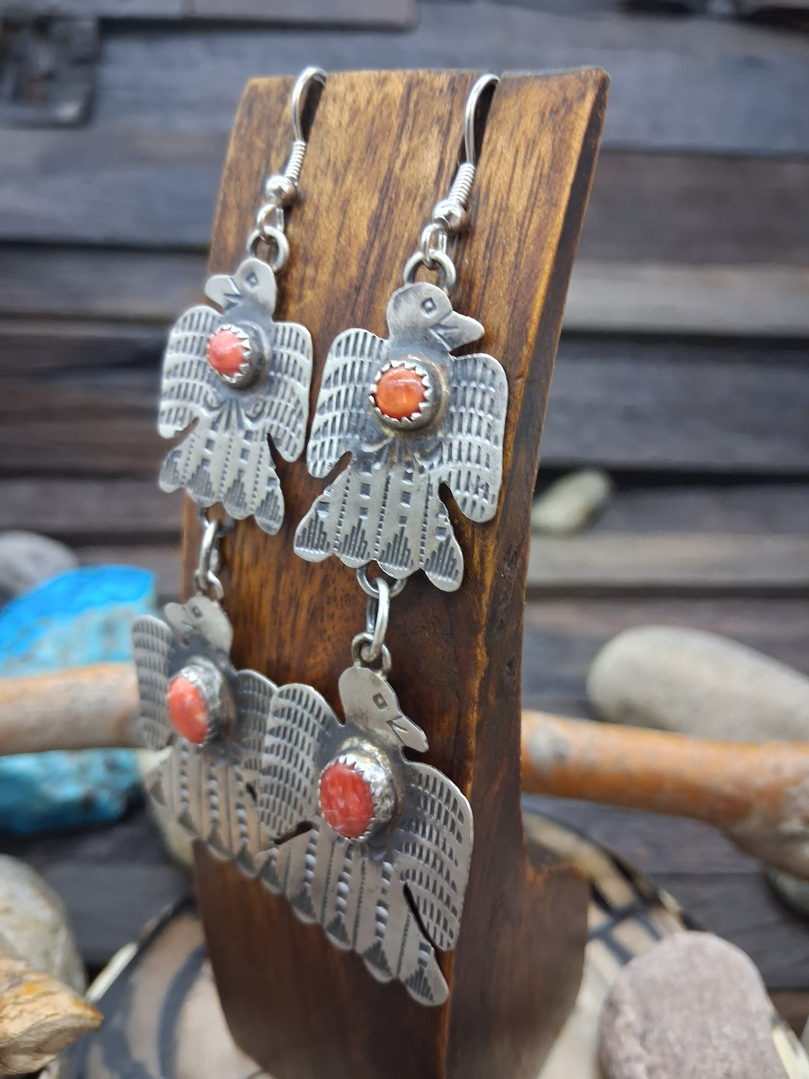 Sterling Silver & Red spiney Oyster Thunderbird Hook Dangle Earrings by Gabrielle Yazzie