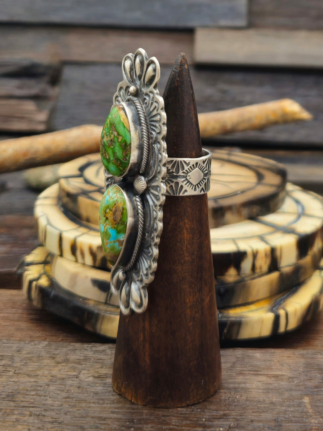 Stamped Two-Stone Sonoran Turquoise Ring by Leon Martinez - Adjustable