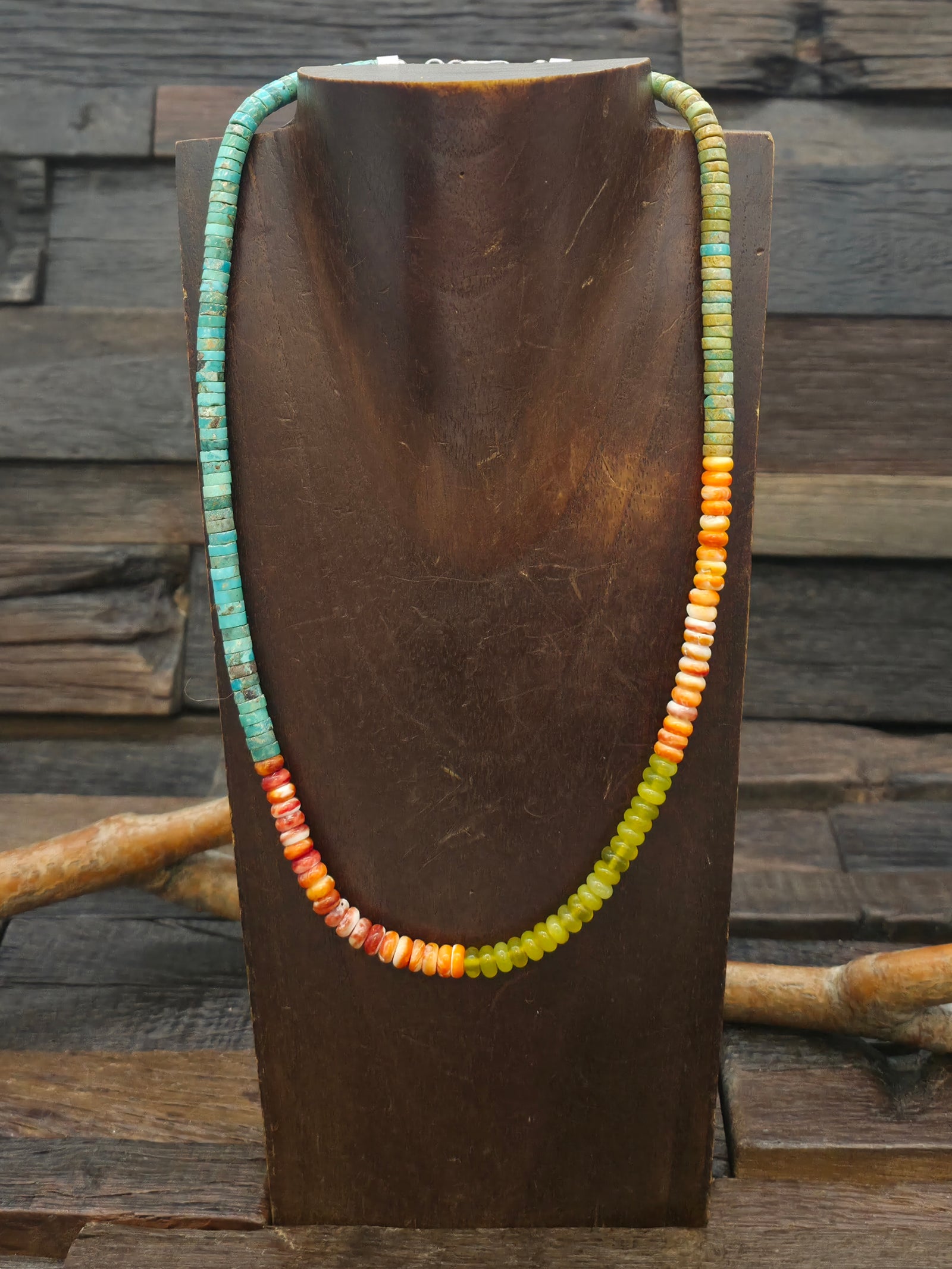 Blue and Green Turquoise, Serpentine, and Orange Spiny Necklace - 20 in.