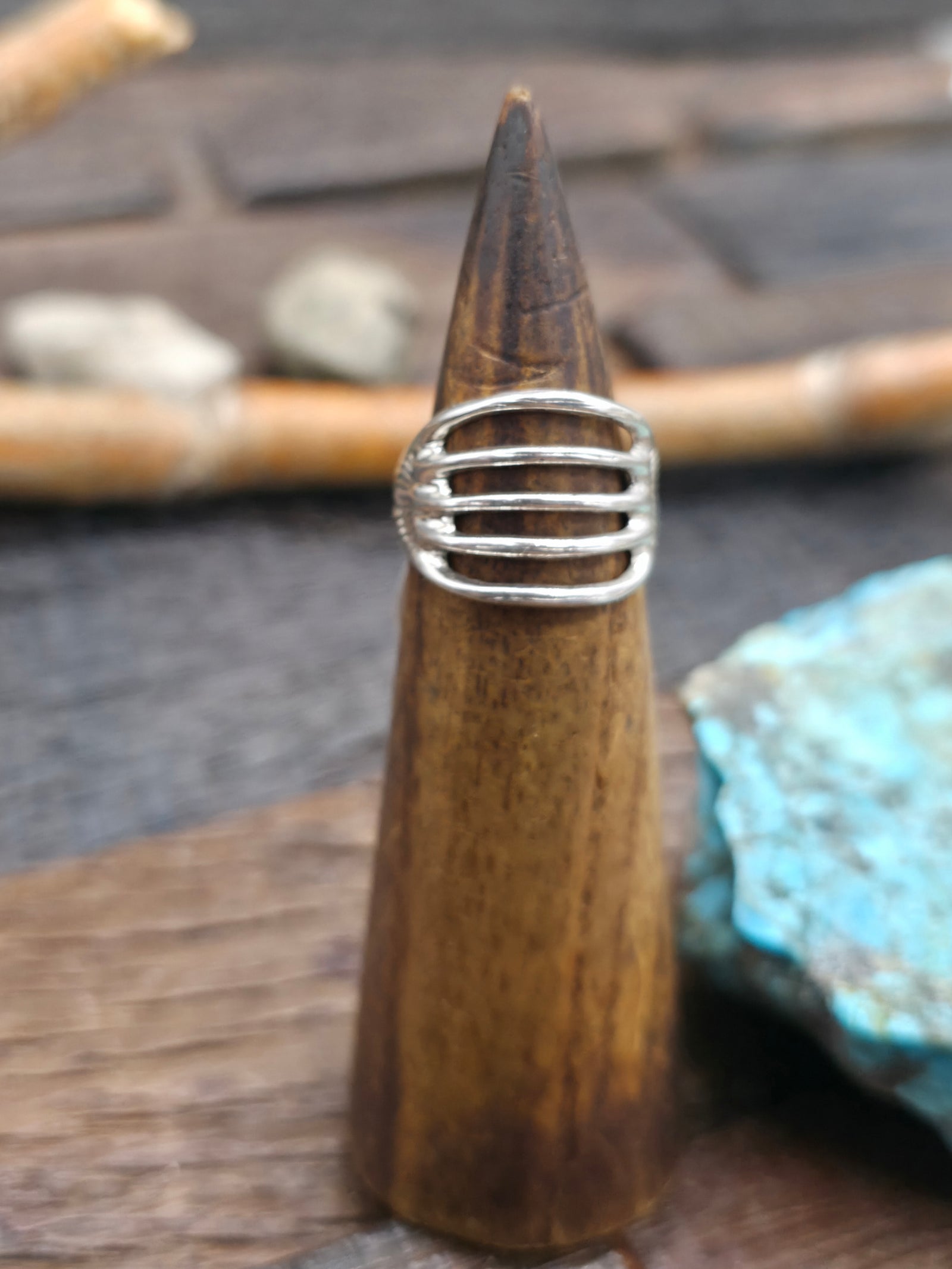Five Row Stamped Sterling Silver High-Shine Ring by F. L. Begay - Size 8