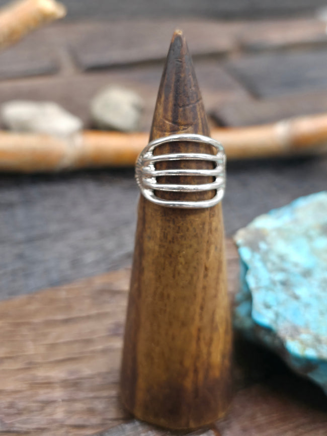 Five Row Stamped Sterling Silver High-Shine Ring by F. L. Begay - Size 8