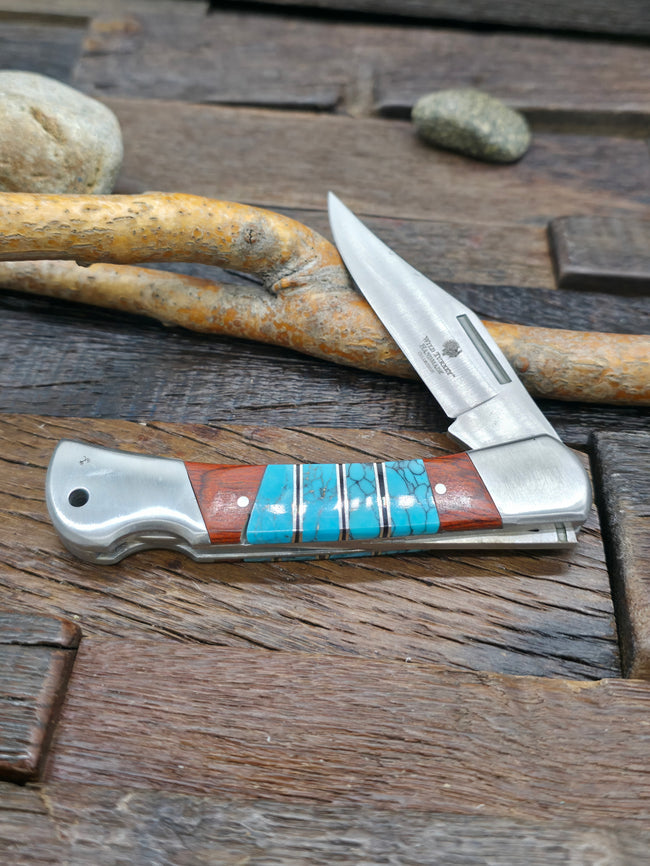 Wild Turkey Steel Pocketknife with Turquoise Inlay Handle by Eugene Chee