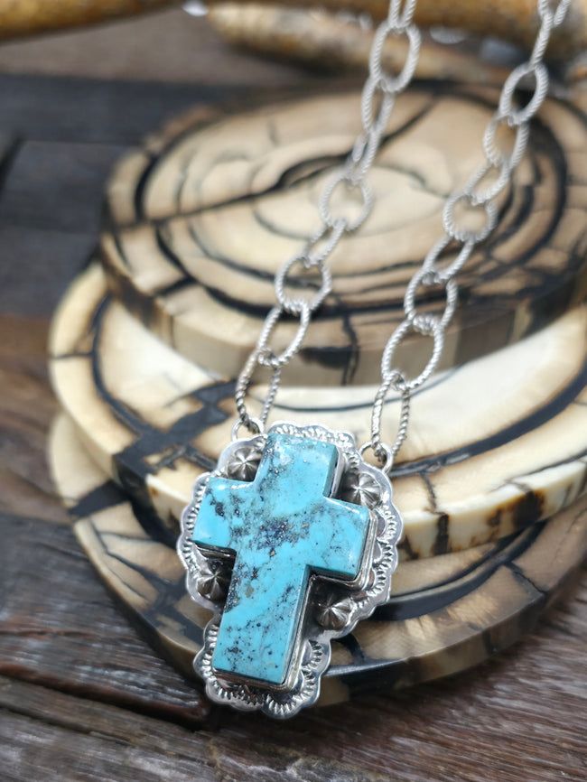 Stamped Sterling Silver Turquoise Cross Pendant on Paperclip Chain by Rosella Paxson - 26 in.