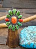 Sterling Silver Red Spiny Oyster Coral and Turquoise Cluster Ring by Anthony Skeets - Size 9