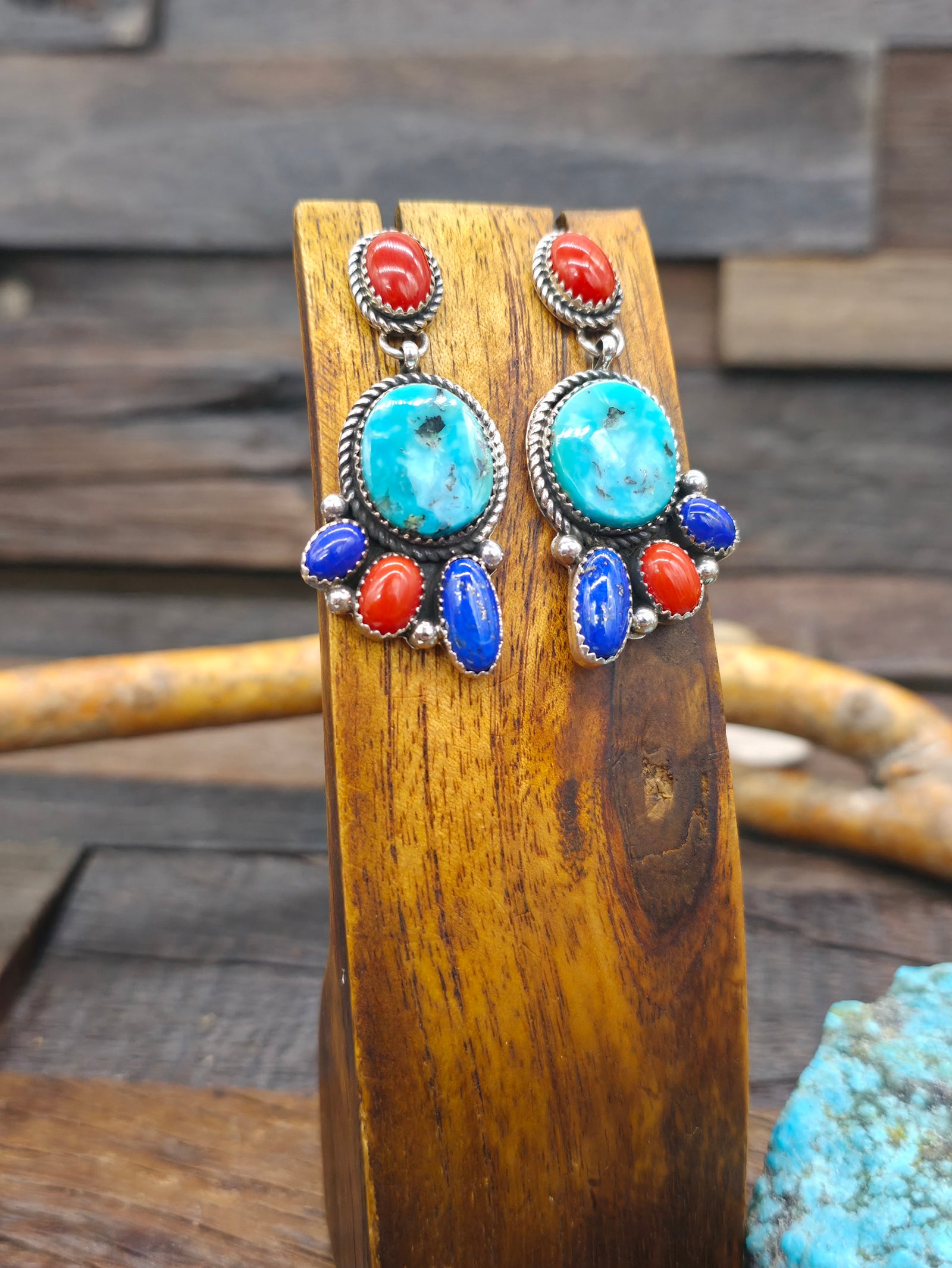 Sterling Silver Candelaria Turquoise, Lapis, and Coral Earrings by Rosella Paxson - 2 in. by 3/4 in.