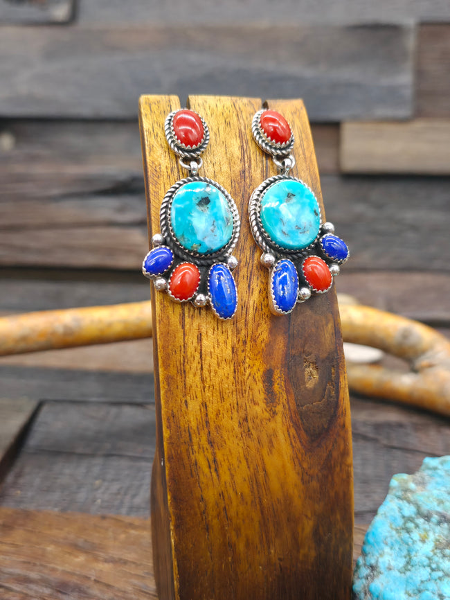 Sterling Silver Candelaria Turquoise, Lapis, and Coral Earrings by Rosella Paxson - 2 in. by 3/4 in.