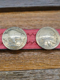 Buffalo and Chief Nickle Red Leather Snap Bracelet - 8 in.