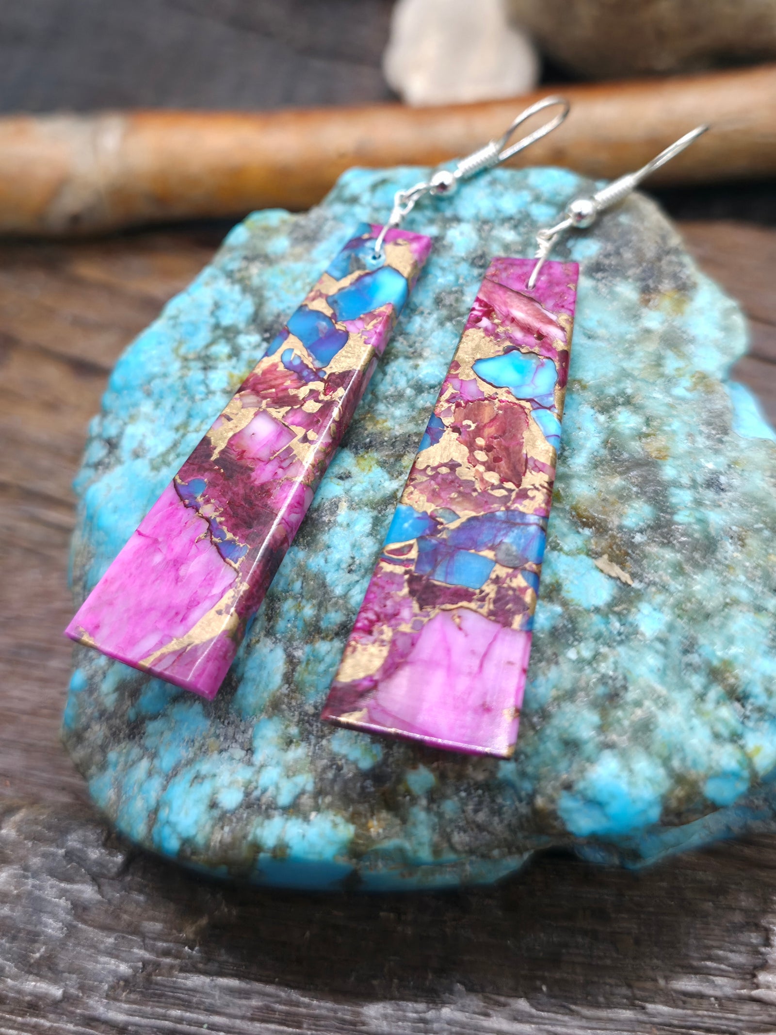 Purple Mojave, Spiny, and Turquoise Composite Slab Earrings by Jameson Pete - 2 3/4 in. by 1/2 in.
