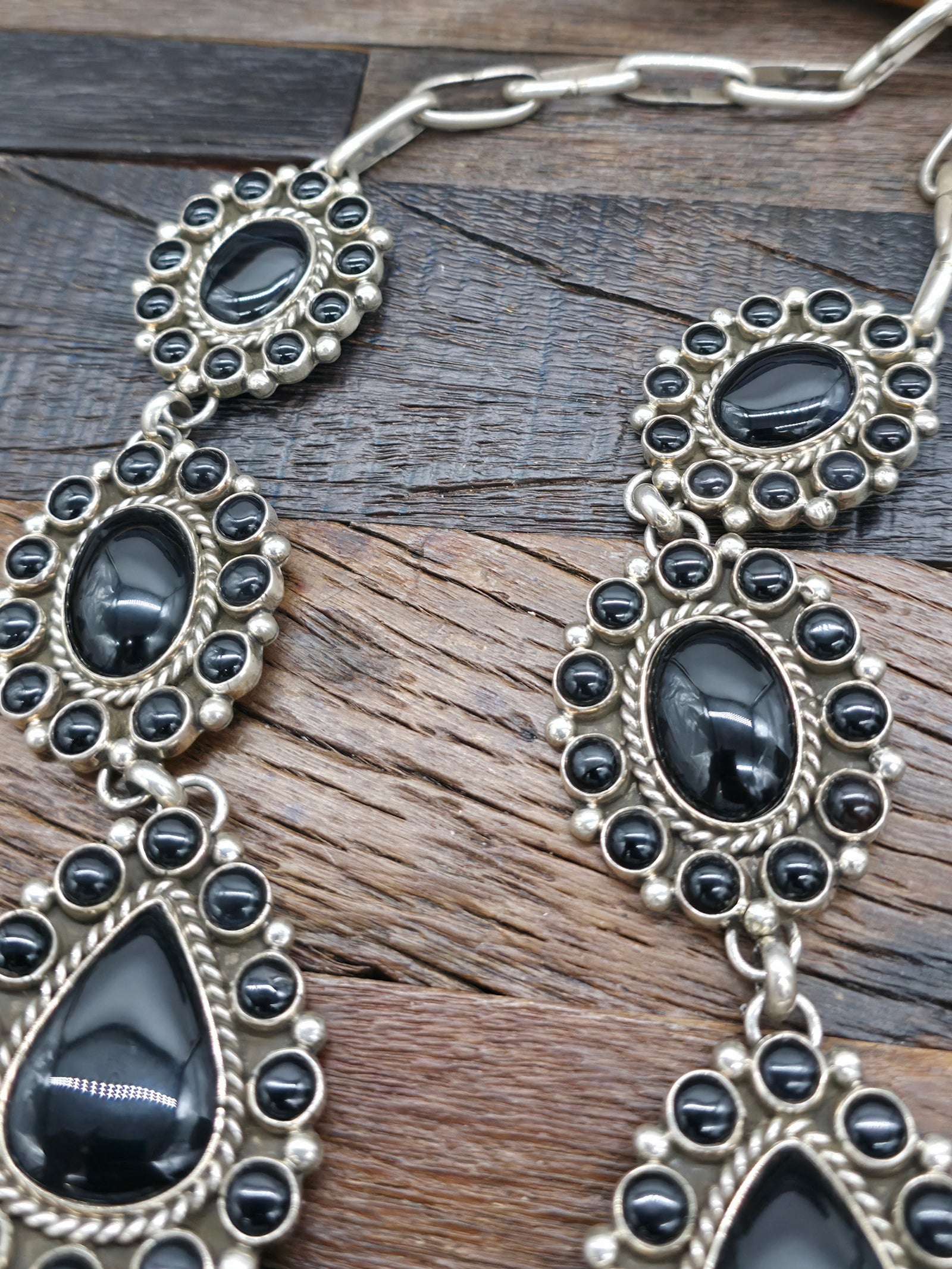 Black Onyx and Sterling Silver Lariat Necklace by Melvin and Tiffany Jones - 33 in.