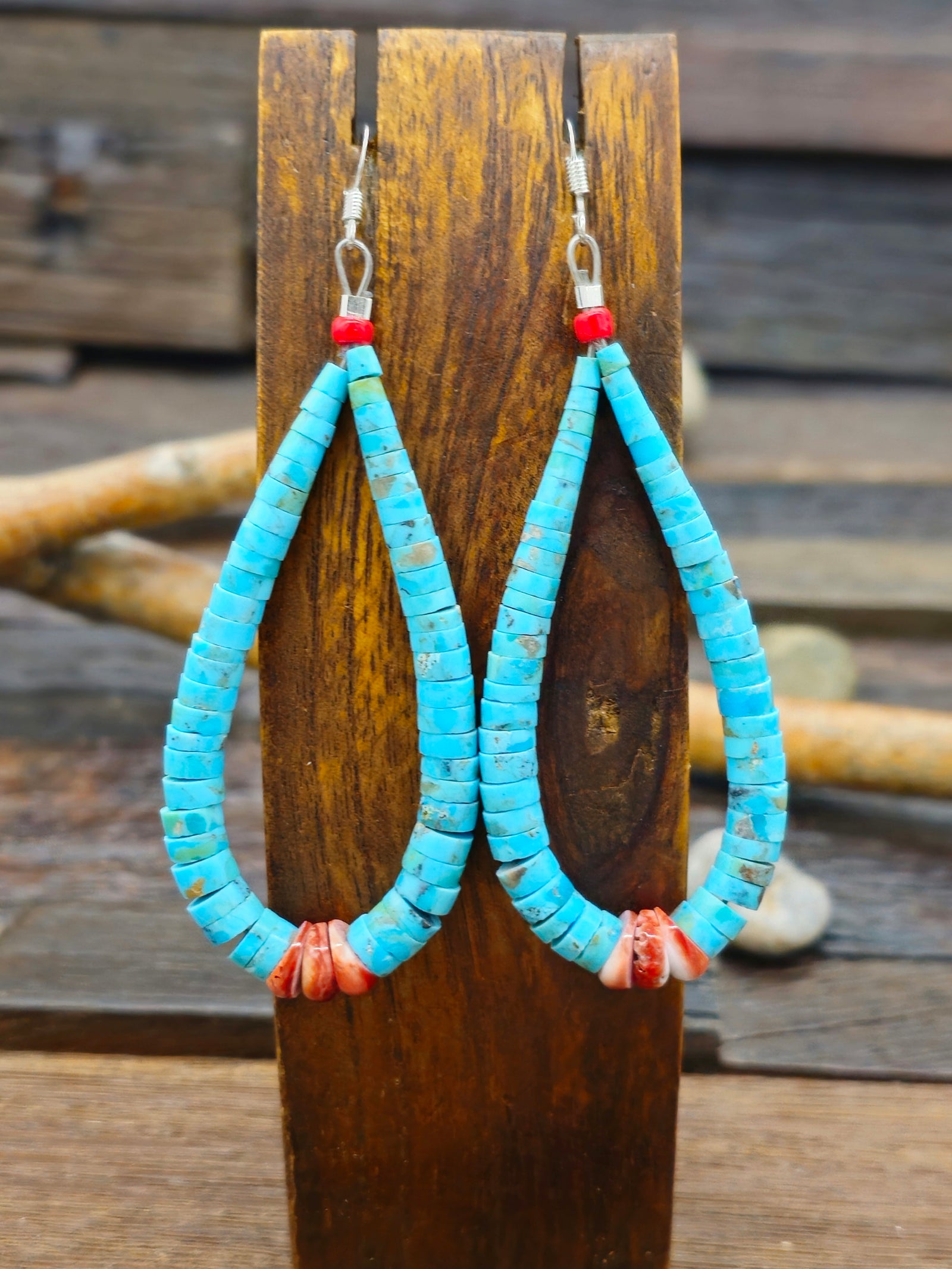 Blue Turquoise and Orange Spiny Oyster Earrings by Lupe Lovato