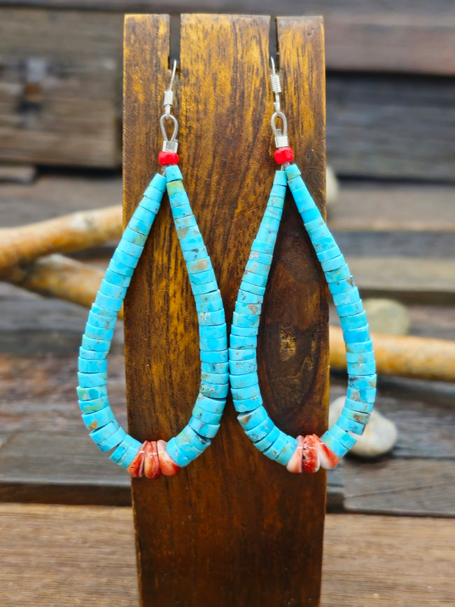 Blue Turquoise and Orange Spiny Oyster Earrings by Lupe Lovato