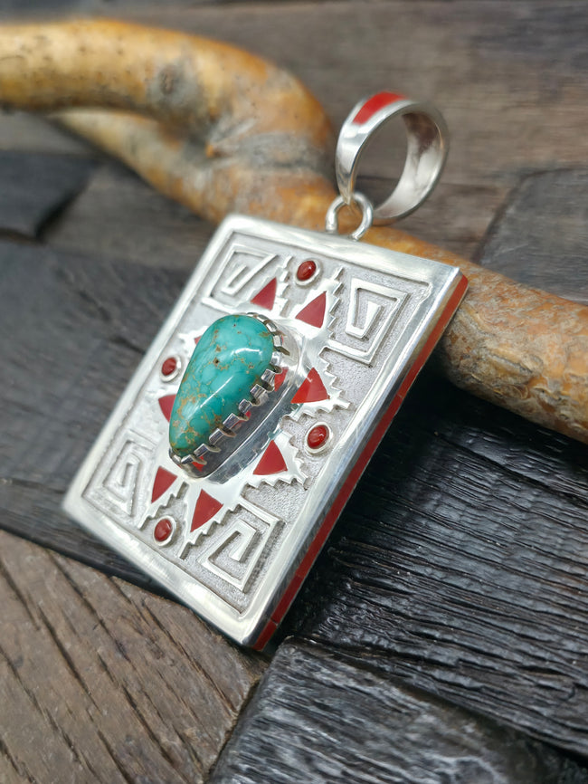 High Shine Sterling Silver Turquoise and Coral Inlay Pendant by Michael Perry - 3 1/4 in. by 2 in.