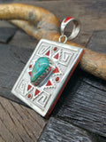 High Shine Sterling Silver Turquoise and Coral Inlay Pendant by Michael Perry - 3 1/4 in. by 2 in.