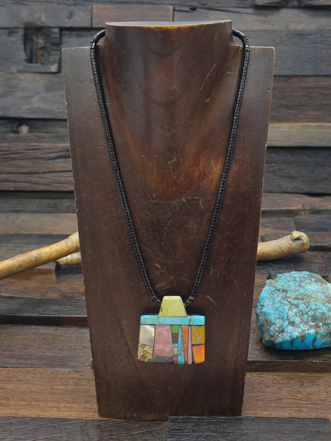 Jet Heishi Necklace with Mosaic Inlay Pendant by Mary Tafoya - 18 in.