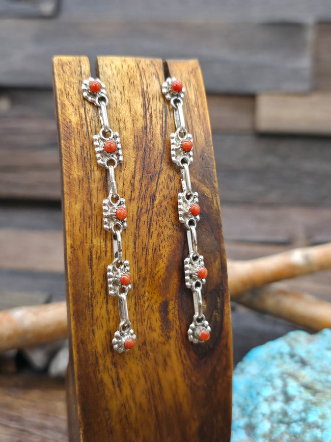 Long Sterling Silver and Coral Earrings by Rena Laate - 3 in. by 1/4 in.