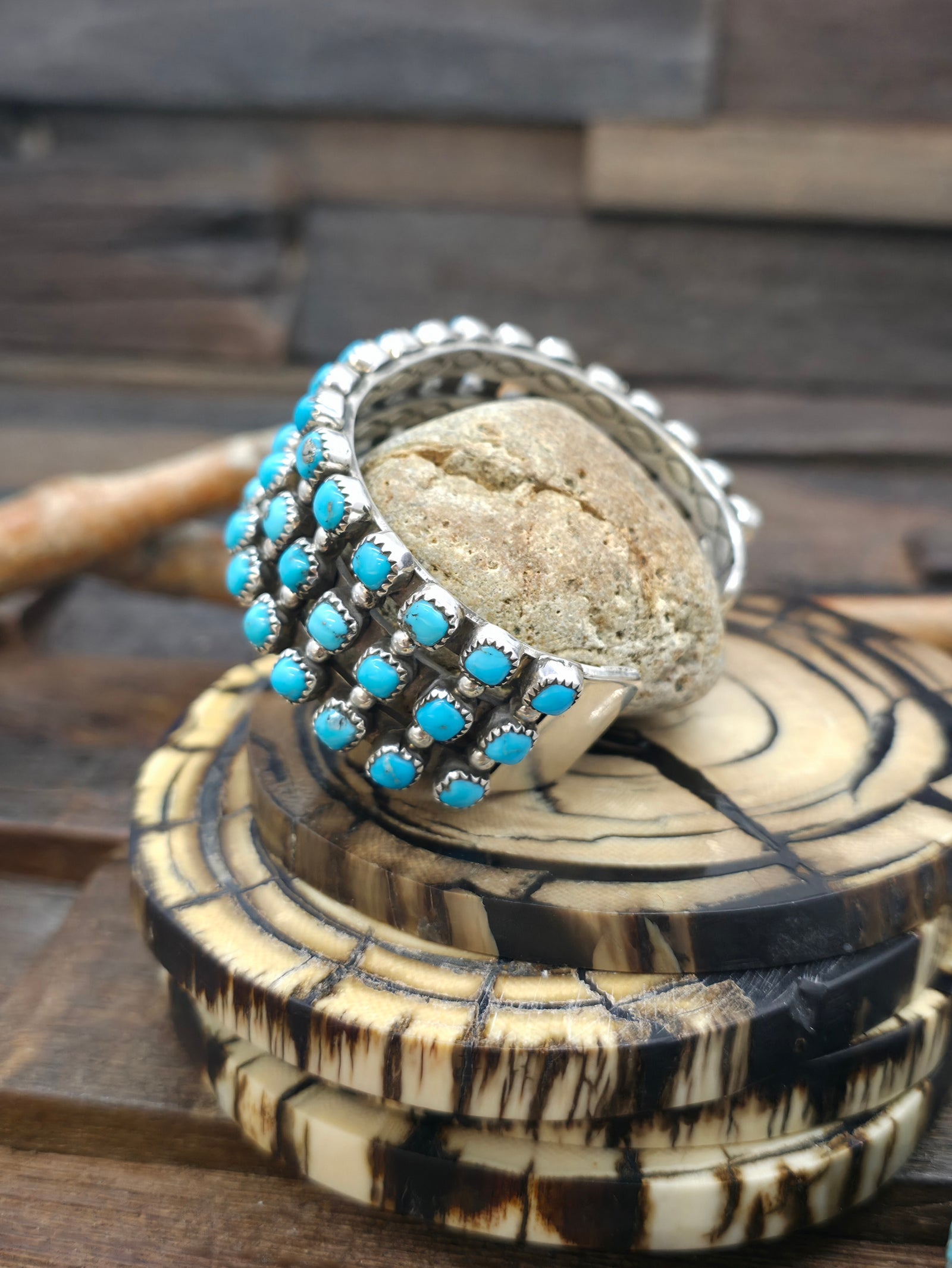 Three Row Sterling Silver Turquoise Cuff by L. Kee - 7 in. with Gap