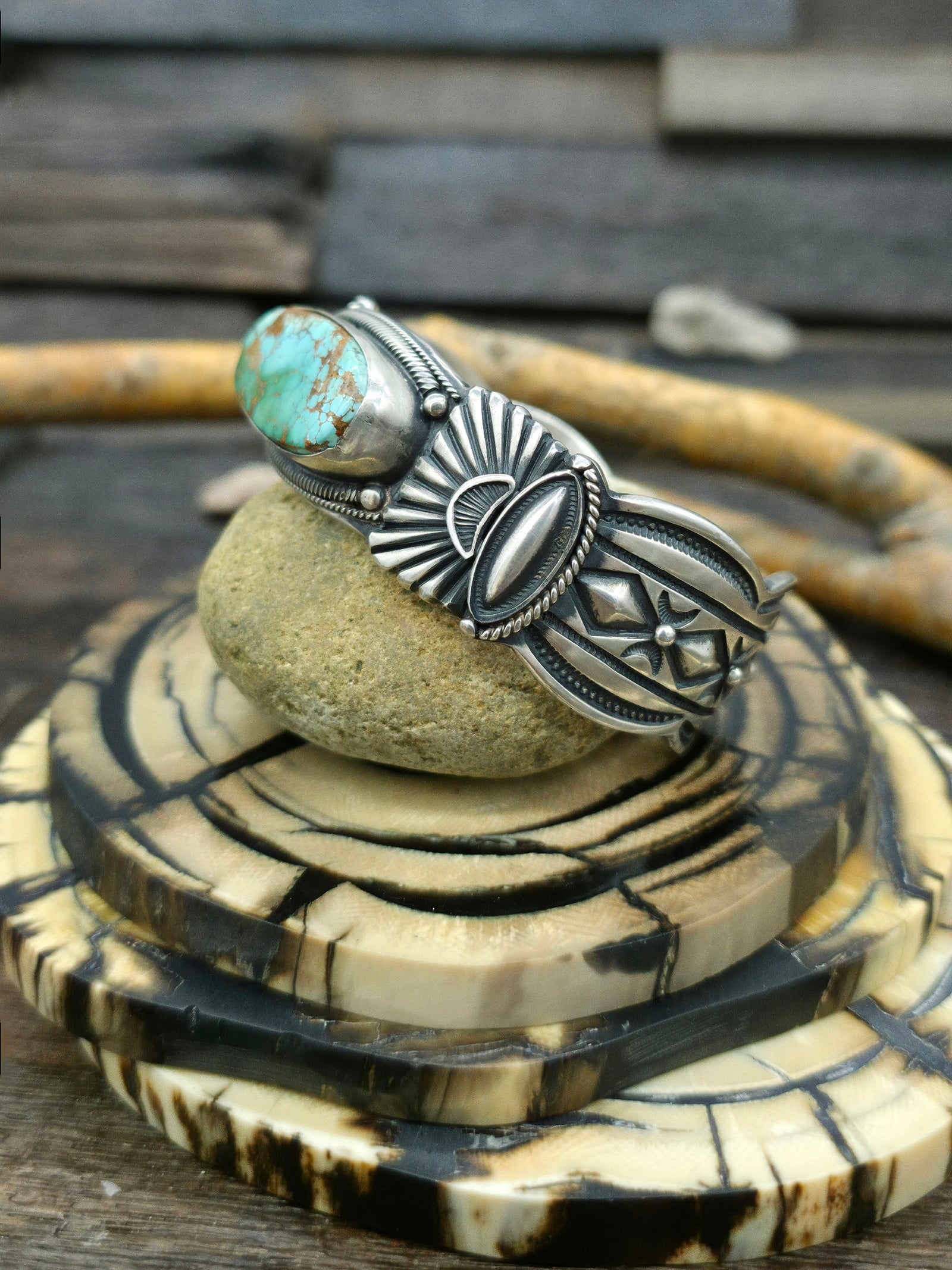 Stamped Sterling Silver and Royston Turquoise Cuff - 7 in.
