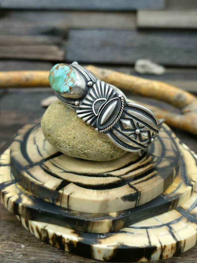 Stamped Sterling Silver and Royston Turquoise Cuff - 7 in.