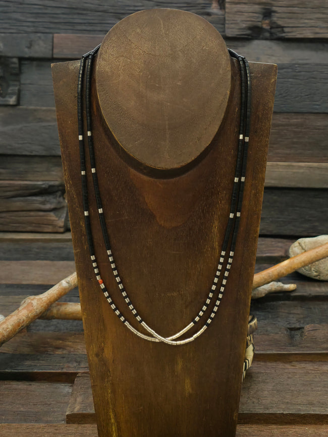 Two Strand Jet and Sterling Silver Heishi Necklace by Pablita Bailon - 20 in.