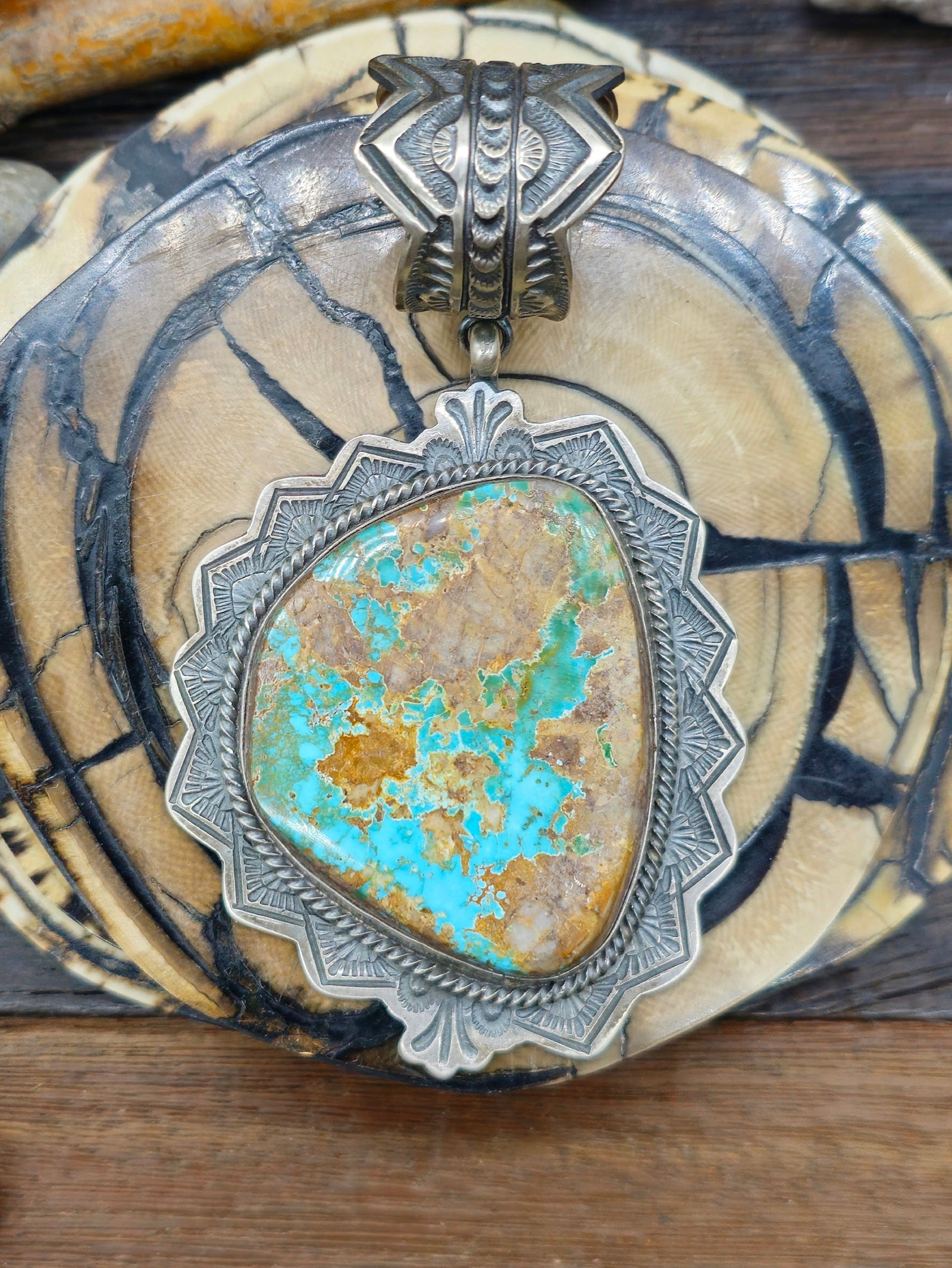Turquoise Pendant with Stamped Sterling Silver by Leon Martinez