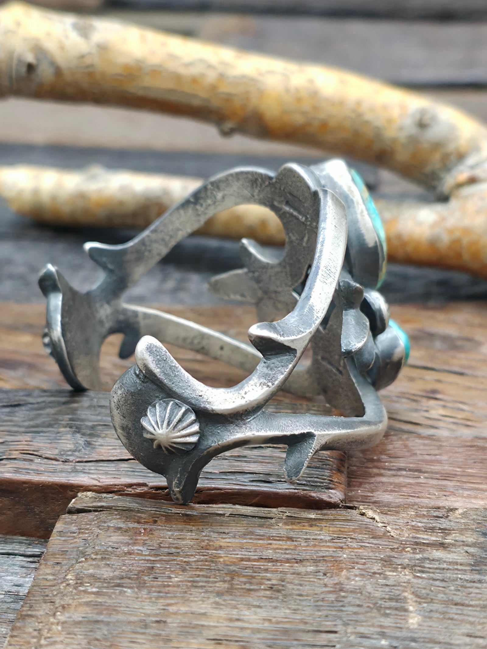 Cast Sterling Silver Two Stone Sonoran Turquoise Cuff - 5 3/4 in. with Gap