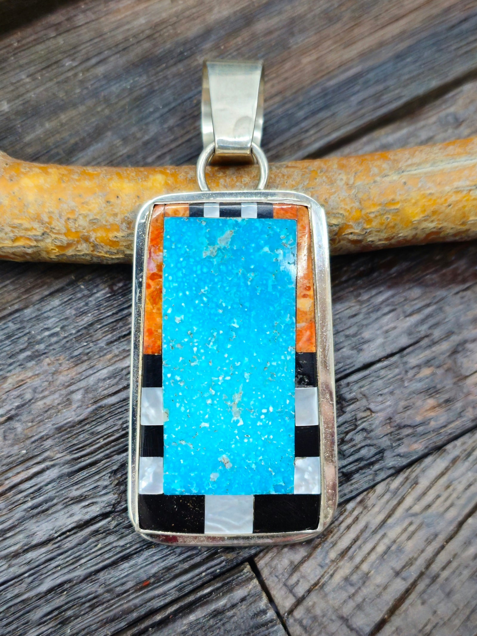 Mosaic Inlay Sterling Silver Pendant by Daniel Coriz