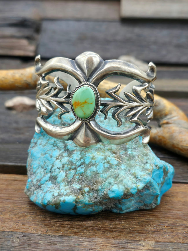 Cast Sterling Silver Green Turquoise Cuff by F.S. Mitchell - 6 1/4 in.