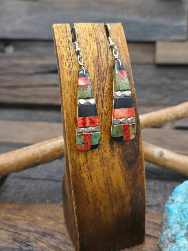 Turquoise, Sterling Silver, and Spiny Mosaic Inlay Earrings by Daniel Coriz - 2 3/4 in. by 5/8 in.