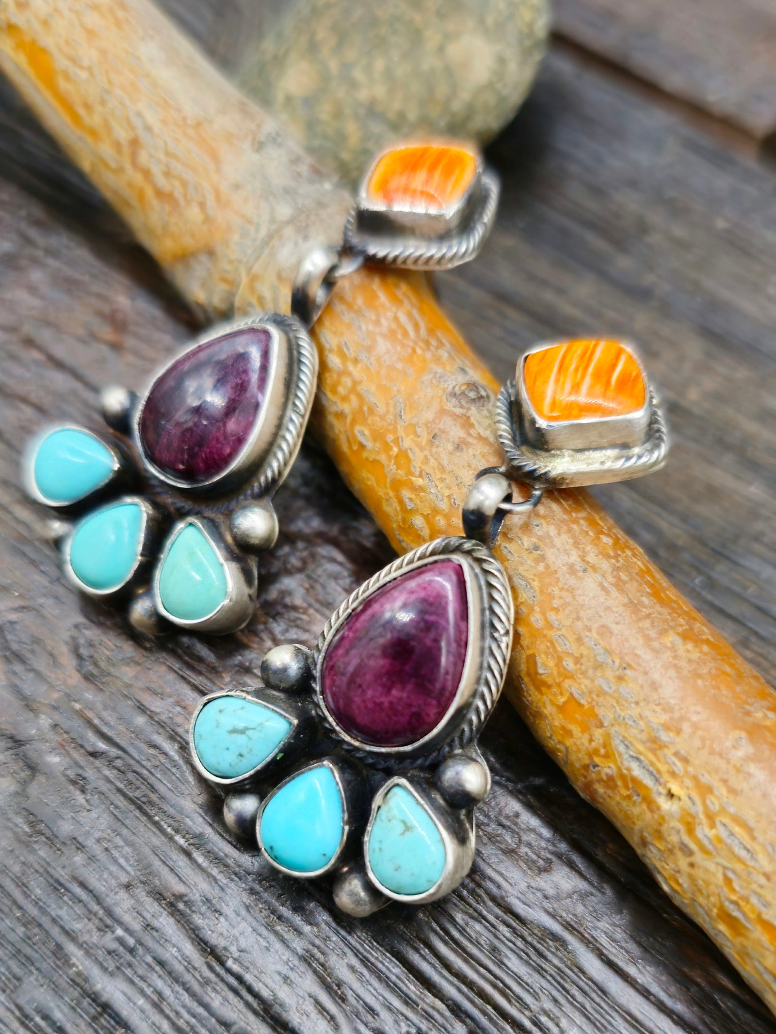 Turquoise, Orange and Purple Spiny Oyster Sterling Silver Chandelier Earrings by Louise Jim