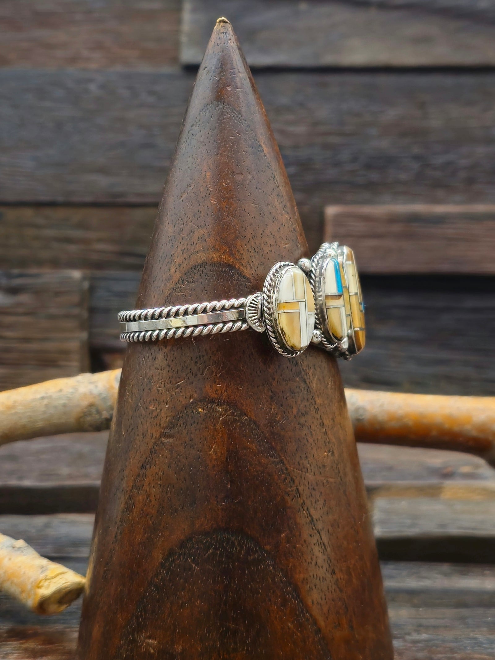 Five-Stone Boulder Turquoise Inlay Sterling Silver Cuff by LaRose Ganadanegro - 6 1/2 in