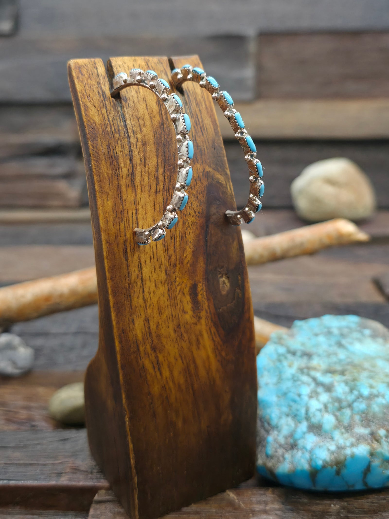 Sterling Silver Turquoise Needlepoint Half Hoop Earrings by Alvin Hughote