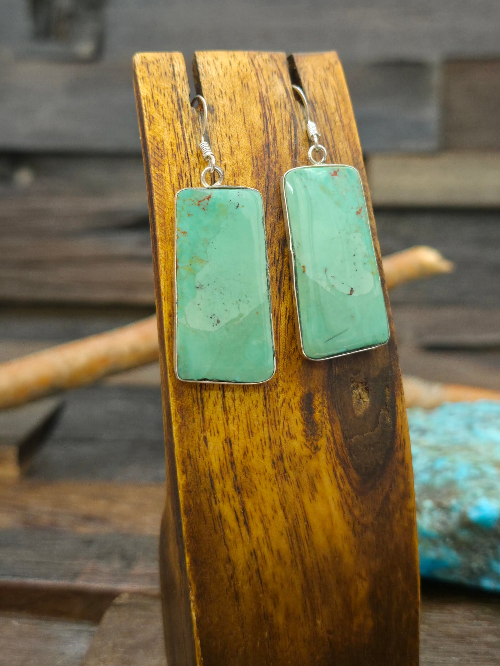 Sterling Silver Turquoise Slab Earrings by Veronica Tortalita - 2 1/4 in. by 3/4 in.