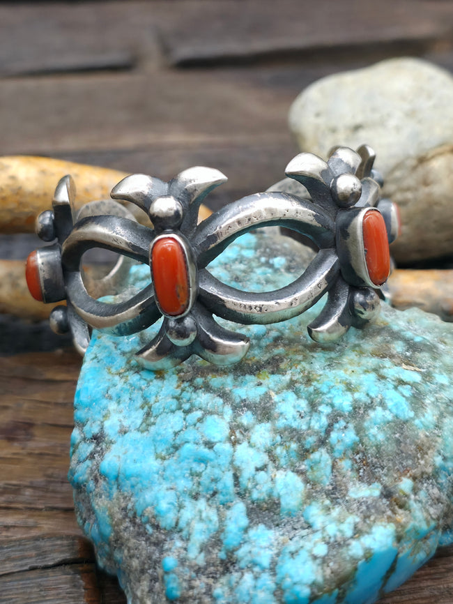 Four Stone Coral and Cast Sterling Silver Cuff - 6 in. w/gap