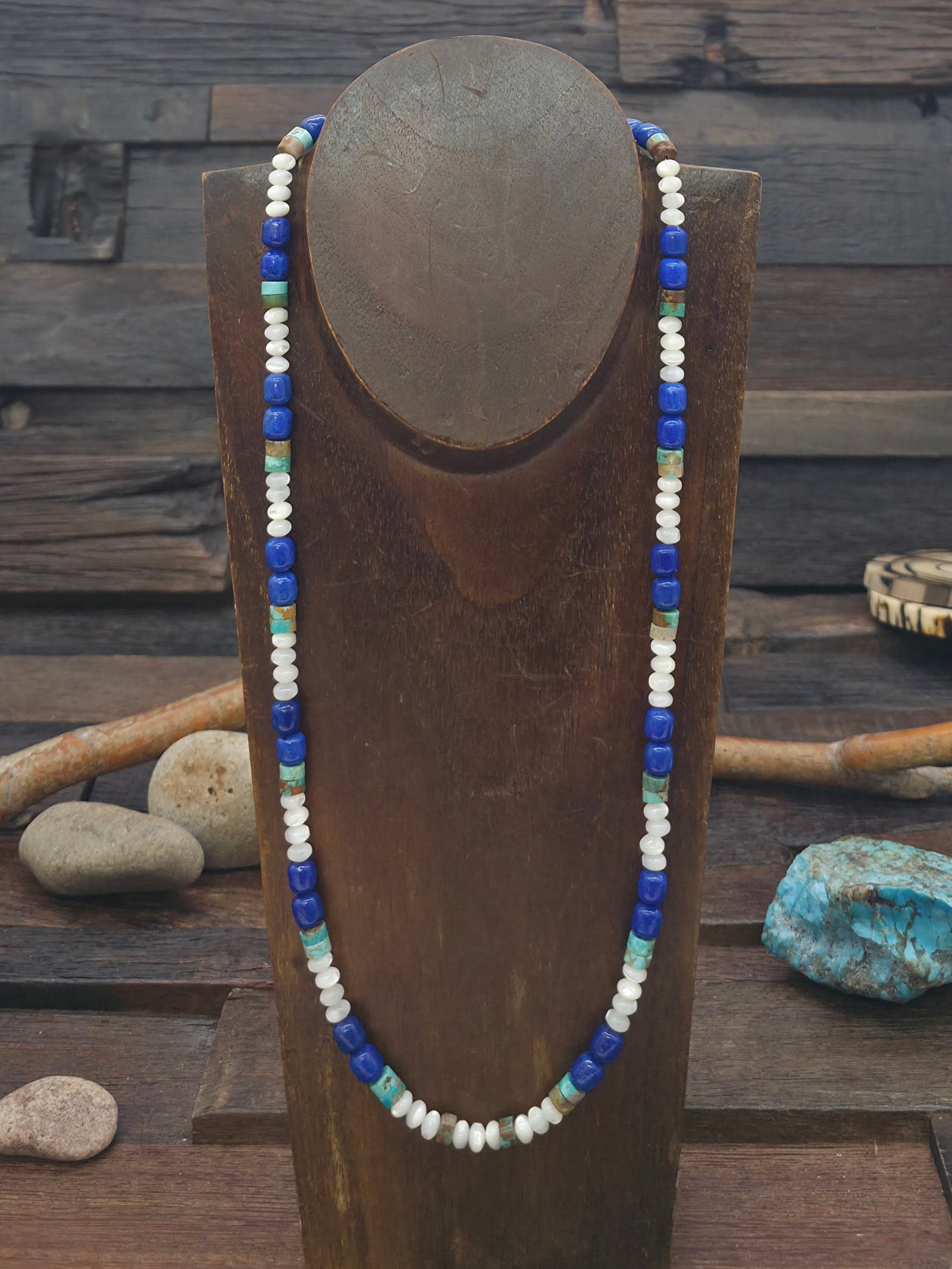 Mother of Pearl, Turquoise, and Lapis Bead Necklace by Fred Archuleta - 24 in.