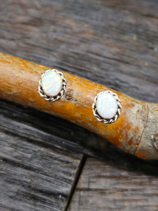 Sterling Silver and Lab Opal Stud Earrings by Leander Cochini