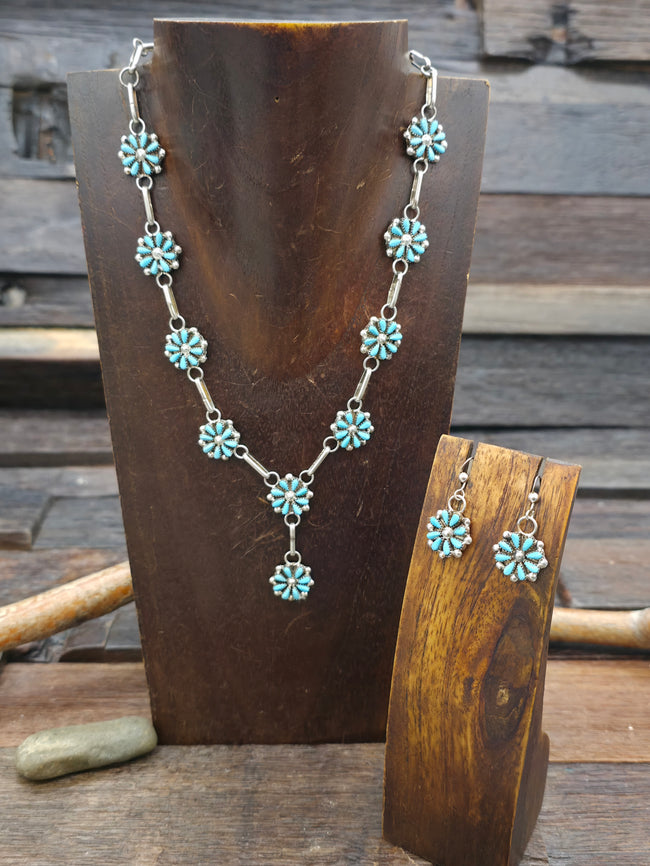 Sterling Silver and Turquoise Petit Point Lariat Necklace and Earring Set by David Leekity - 18 in.