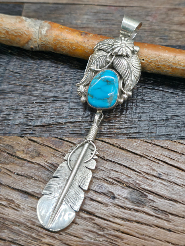 Sterling Silver Turquoise Feather and Leaf Applique Pendant by Delbert Vandever - 4 1/4 in. by 1 1/4 in.